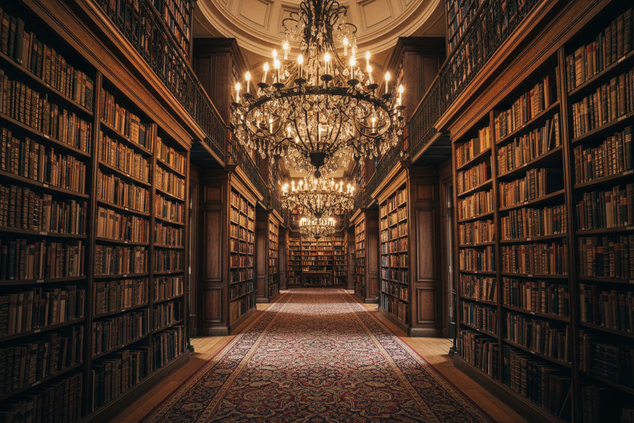 Bibliothek, dunkle regale, voll mit bücher, tiefenwirkung, links und rechts büchergestelle, teppich am boden, kronleuchter an der decke